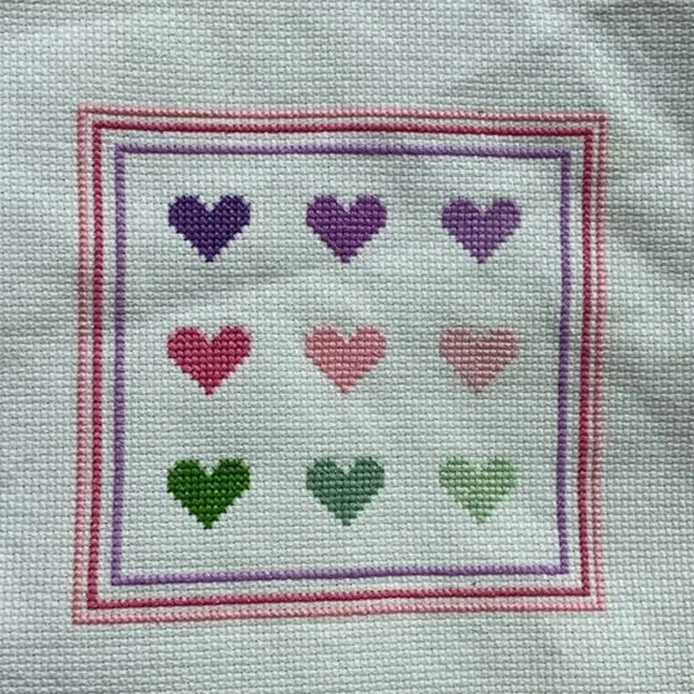 Lot of 2 Handmade Cross Stitch Heart Themed Square Artwork Ready to Frame Art